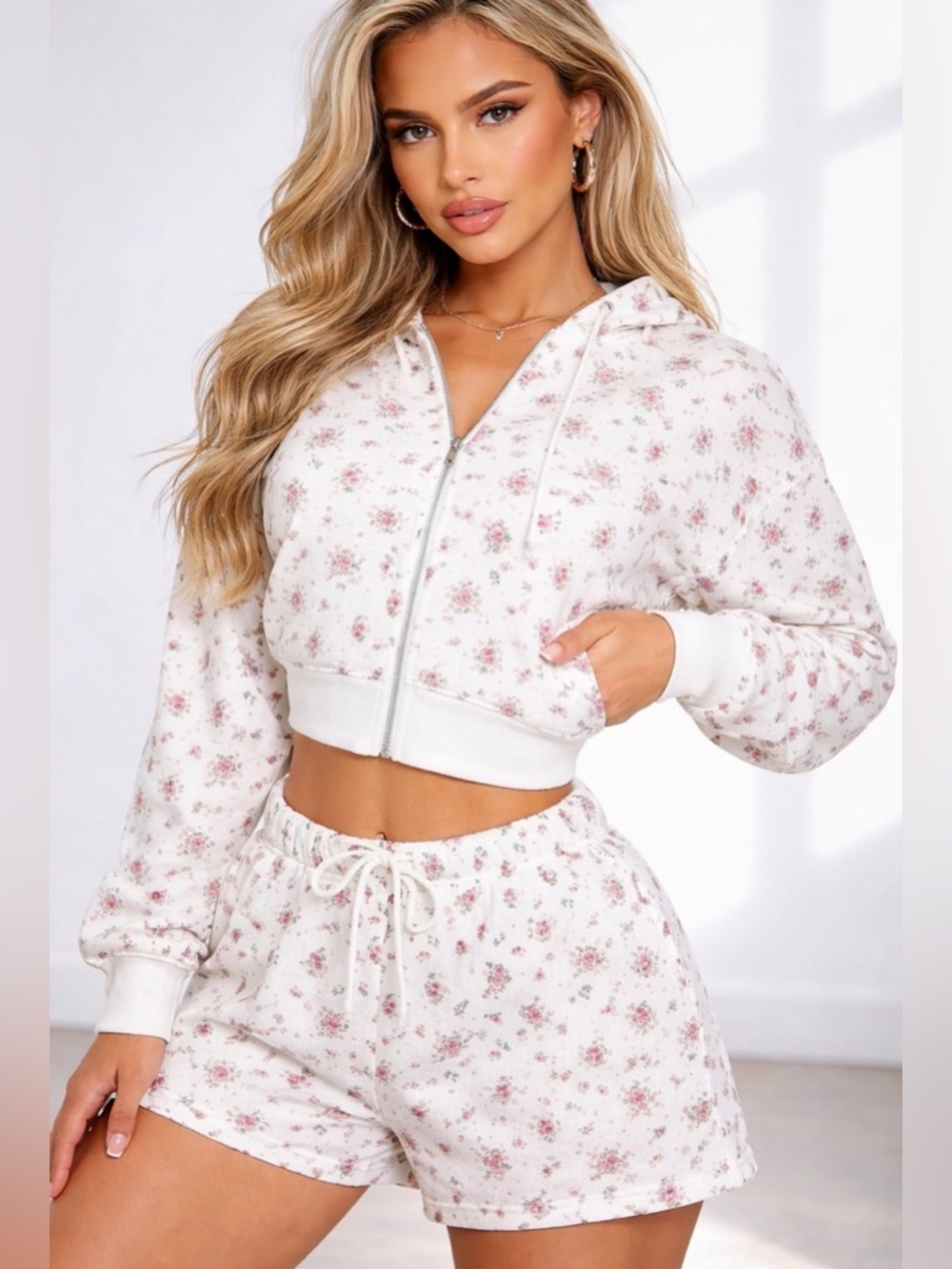 Floral Cropped Zip Hoodie & Shorts Set - White with Pink Roses